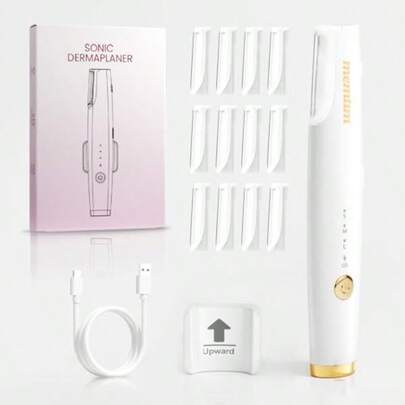 Dermaplane For Women Face Eyebrow Trimmer Peach Fuzz Facial Hair Removal With Led Light 3 Speeds Rechargeable Dermaplaning Tool With 12 Replaceable Blades White-Golden