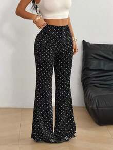 Pantalones negros acampanados casuales de ajuste ceñido con botones delanteros de unicolor para mujer - Negro - Ver 5