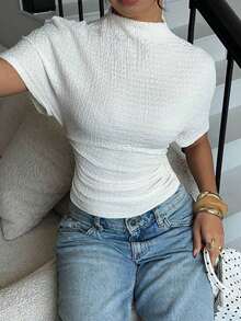 Camiseta de Moda para Mujer, Color Sólido, Cuello Alto, Manga Corta Tipo Murciélago, Plisada, Ajustada, Top de Punto Acanalado, Top Crema para Mujer, Tops de Verano para Mujer, Tops de Punto Texturizados, Top de Punto Blanco, Tops de Punto para Mujer - Negro - Ver 9