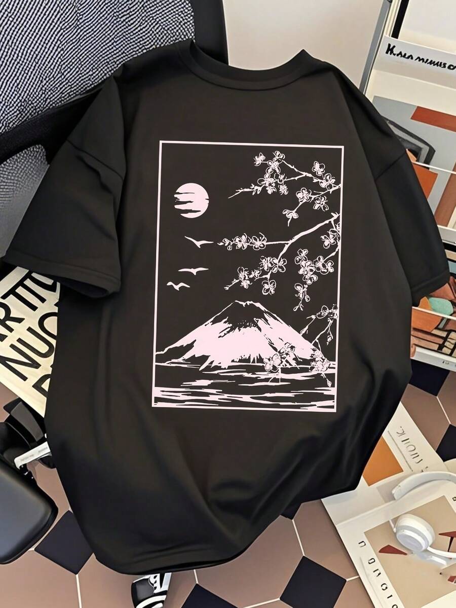 Men's Oversized T-Shirt With Mountain Print, Limited Edition, Short Sleeve, Crew Neck, Cotton, Men's Clothing, Harajuku Summer Style, Y2k, Lightweight Cotton - 黑色 - 查看 1