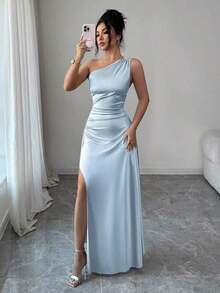 YHHSelianne Vestido de noche largo y sexy para mujer con un hombro, cintura fruncida y abertura alta, de satén de lujo, nuevo para el verano de 2026YHH - Celeste - Ver 6