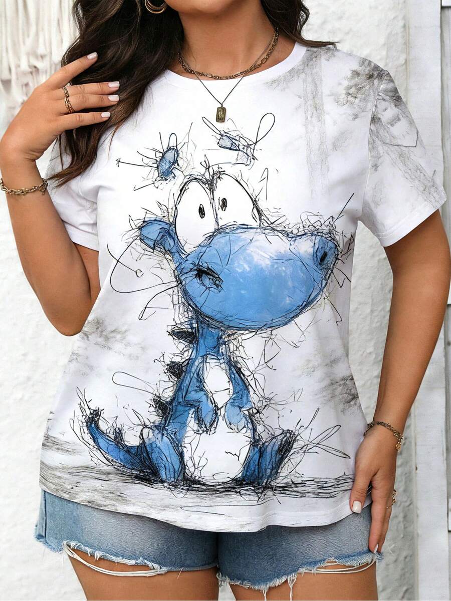 Top femenino manga corta cuello redondo en algodón puro, diseño estampado moderno, tela fresca y aireable, prenda versátil para look casual, ocasiones diarias y encuentros sociales todo el año - Degradado de blanco a gris - Ver 1