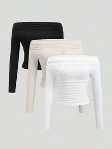 Conjunto de 3 piezas para mujer: Blusa de manga larga hombros descubiertos, blusas cortas entalladas, cómodas y amigables con la piel, versátil y estilizador - Multicolor 2 - Ver 1