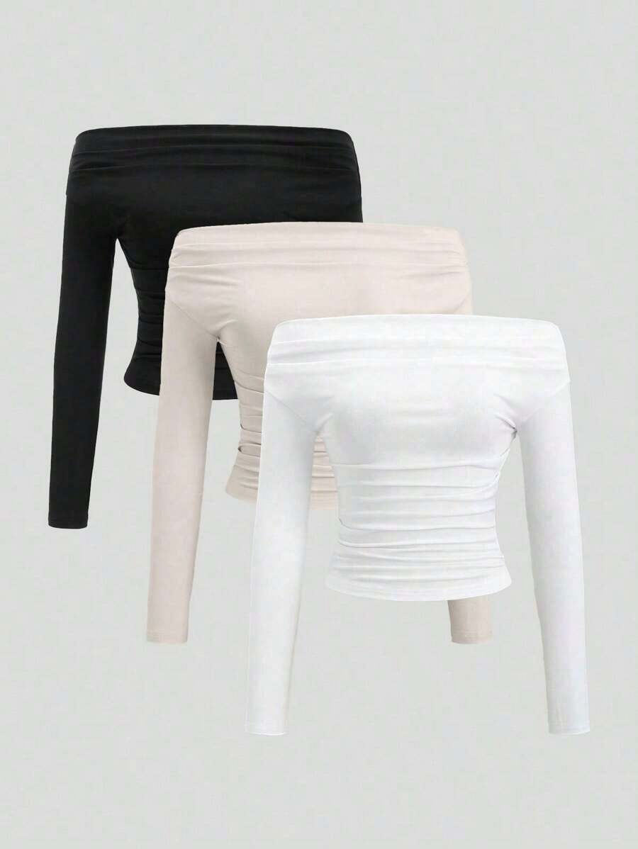 Conjunto de 3 piezas para mujer: Blusa de manga larga hombros descubiertos, blusas cortas entalladas, cómodas y amigables con la piel, versátil y estilizador - Multicolor 2 - Ver 1