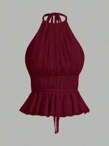 Top sin espalda con cuello de halter y cintura anudada con pliegues para mujer - Burdeos 2 - Ver 1