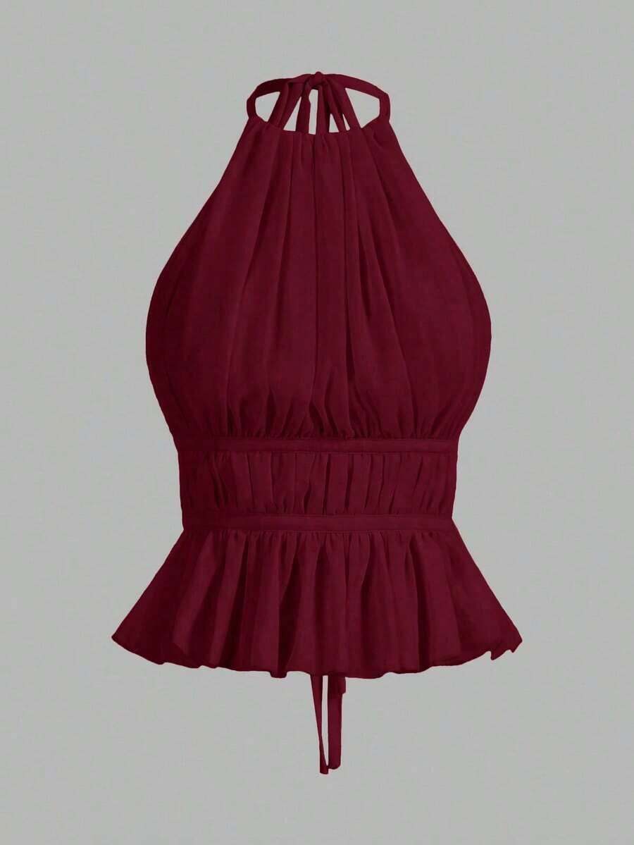 Top sin espalda con cuello de halter y cintura anudada con pliegues para mujer - Burdeos 2 - Ver 1