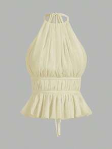 Top sin espalda con cuello de halter con pliegues y cintura con lazo para mujer - Amarillo claro - Ver 11