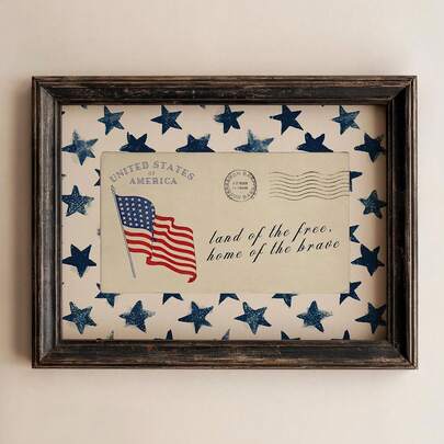 1pc, Canvas Wall Art, Framed Wall Decor, Vintage American Envelope Postcard-Style Canvas Wall Art, Featuring The Patriotic Quote "Land Of The Free, Home Of The Brave" Against A Watercolor Blue Star Background. Perfect For Fourth Of July (July 4th), Farmhouse, And Rustic Living Room And Bedroom Decor. Patriotic Poster, Fourth Of July Decorations, Home Decor, Room Decor, Holiday Gifts, And Festive Decorations.