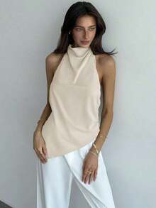 Blusa de mujer de unicolor con cuello halter, pliegues y bajo asimétrico - Beis - Ver 7