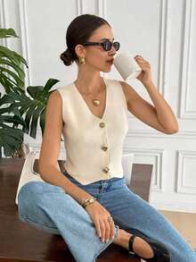 Chaleco elegante de mujer de unicolor con cuello en V sin mangas, decorado con botones metálicos, para verano, playa, vacaciones, estilo boho, tropical, casual, de oficina, de salida elegante, para la escuela y vacaciones, color albaricoque - Albaricoque - Ver 9