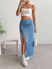 Falda larga con diseño floral pequeño y abertura en el dobladillo - Azul - Ver 6