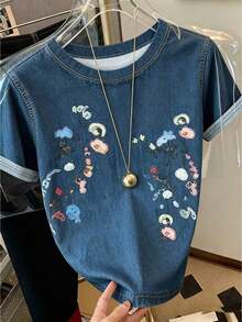 Camiseta de manga corta de punto de mezclilla ajustada informal para mujer - Blanco 2 - Ver 7