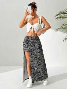 Falda larga con diseño floral pequeño y abertura en el dobladillo - Blanco y Negro - Ver 5