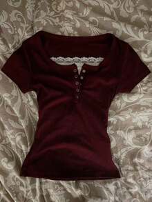 Camiseta de manga corta con cremallera frontal de 2 vías y adorno de encaje para mujer - Multicolor 7 - Ver 3
