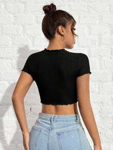 Camiseta Negra De Punto Ajustada Para Mujer - Negro - Ver 2