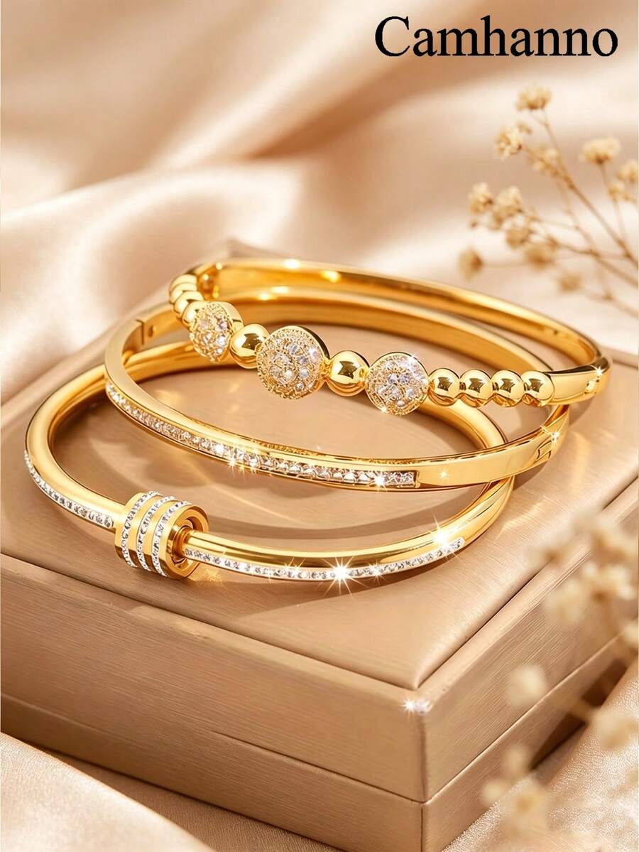 Camhanno 3/1pc - Gold-Plated Bracelet With Zirconia-Inlaid "Fortune-Turning" Beads. Fade-Resistant & Hypoallergenic. Features A Zirconia-Row And Roman-Pattern Design. A "Light Luxury" Style That Is Highly Versatile-Perfect For Daily Wear, Commuting, Or Dates. - Gold - View 1