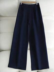 Pantalones casuales de mujer de unicolor con bolsillo oblicuo y pliegues - Azul marino - Ver 2