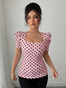 Camiseta casual de mujer, elegante y sexy, de manga corta, cuello joya, mangas abullonadas, puños fruncidos, estampado de lunares blancos y negros, silueta ajustada, adecuada para vacaciones - Rosa - Ver 7