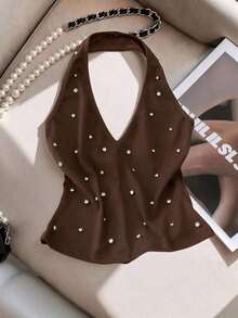 Petite Camiseta ajustada de mujer con escote en V, cuello halter y espalda descubierta, con detalles de pedrería en unicolor, para uso diario y fiestas - Café integral - Ver 5