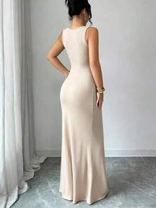 YHHSelianne Nuevo vestido de verano sexy, vestido negro ajustado con cuello cuadrado francés, ribete con falso boning, silueta de sirena, detalle de drapeado en la cintura, vestido de gala para boda, vacaciones, cita, fiesta, Día de San ValentínYHH - Albaricoque - Ver 6