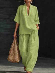 Women's Two-Piece Set, European And American Style, Spring/Summer 2026, Loose Fit, Casual, Comfortable, Simple, Solid Color - Green - View 2