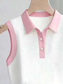 Parte superior sin mangas de contraste de color versátil casual para mujer, top blanco y negro, blusas de verano para mujer, blusas lindas y preppy, top de punto de verano sin mangas, camisa polo de punto para mujer, blusas de punto de verano par - Multicolor - Ver 3