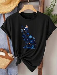 Elegant Women's Short-Sleeved T-Shirt With Cat Silhouette And Blue Flower Print | Comfortable, Soft, Breathable, Vintage Style, Round Neck, Medium Stretch Fabric, Ideal For Spring, Summer And Autumn, Sizes S-XXL - 黑色 - 查看 1