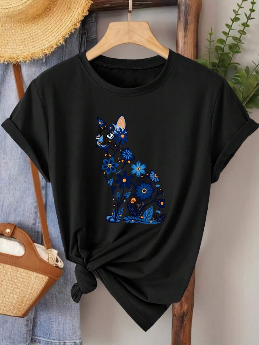 Elegant Women's Short-Sleeved T-Shirt With Cat Silhouette And Blue Flower Print | Comfortable, Soft, Breathable, Vintage Style, Round Neck, Medium Stretch Fabric, Ideal For Spring, Summer And Autumn, Sizes S-XXL - 黑色 - 查看 1