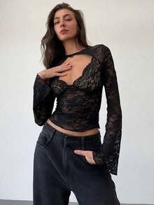 Blusa de manga larga con cuello en V profundo, transparente y con detalles de encaje negro para mujeres - Negro - Ver 3