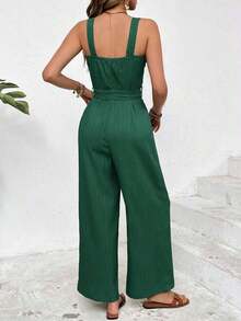 Mono holgado de unicolor y textura casual para mujer, de verano - Verde Oscuro - Ver 2