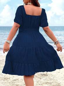 Clasi Vestido corto de manga corta en color burdeos de uso diario, sencillo y liso para mujeres de talla grande - Azul marino - Ver 2