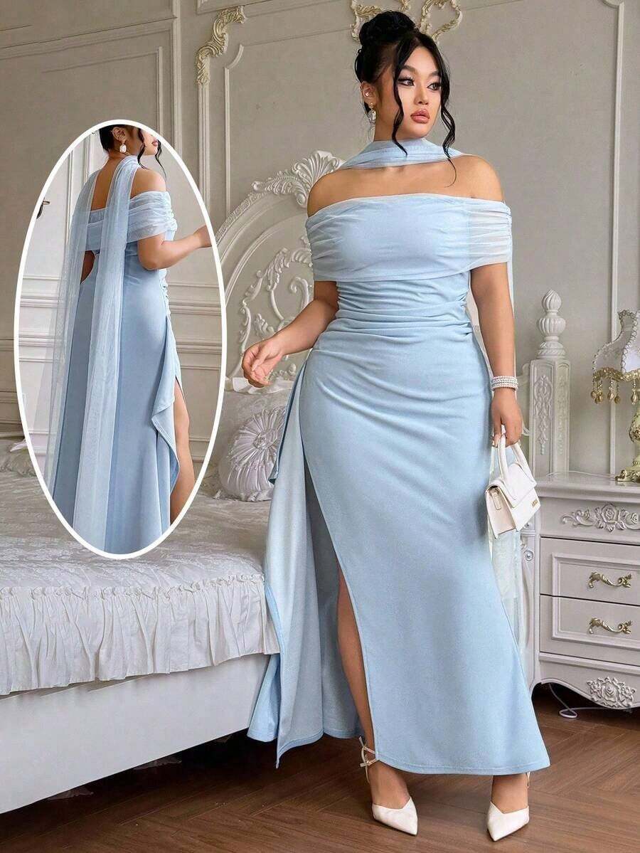 Vestido largo de fiesta elegante y ajustado con hombros descubiertos y abertura para mujer de talla grande, ideal para fiestas navideñas y ocasiones formales.Disponible en azul marino. - Celeste - Ver 1