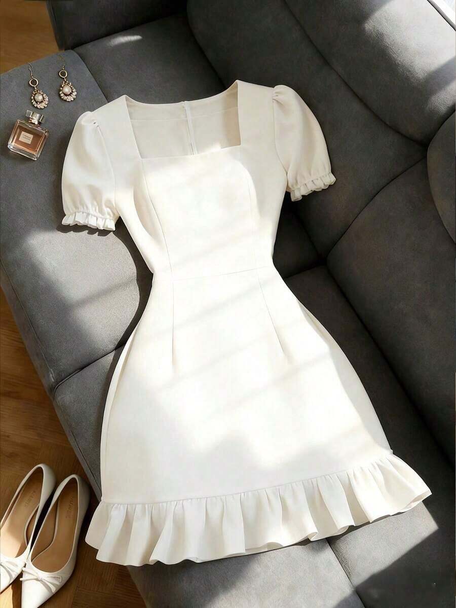 Vestido casual de línea A de manga corta con cuello cuadrado y perlas para mujer, de unicolor elegante, adecuado para invitados, banquetes, cumpleaños, fiestas, verano y otoño, citas, ir al trabajo, estilo callejero, azul - Blanco - Ver 1
