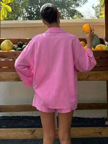 Conjunto de camisa tejida blanca y pantalones cortos de verano, nuevo y casual para vacaciones de mujer - Rosa Fucsia - Ver 2