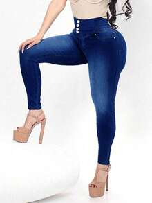 Women's High Waist 4-Button Skinny Jeans, Gradient Wash Stretch Denim Pants For Casual & Party Outfits - Dark Blue - View 1