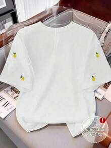 Camiseta casual de mujer con estampado de limón, camiseta gráfica con patrón de limón bordado falso de cuello redondo y estampado digital todo sobre - Blanco - Ver 2