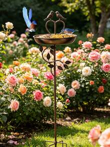 1pc Vintage Iron Bird Bath Feeder, Outdoor Garden Patio Decor, Bronze Heart-Shaped Top With 2 Birds And Leaf Design, Weather-Resistant, Sturdy Ground Stake, Easy Installation And Detachable, Summer Garden Essential, Holiday Decoration And Gift - Multicolor - View 13