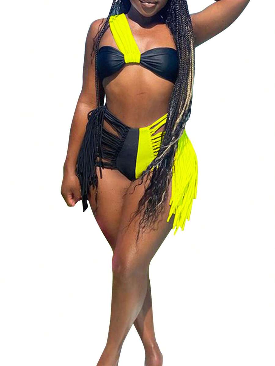Women's Sexy Contrast Color Bikini, Sleeveless Off-shoulder Tops Briefs Swimsuit, Classic Tassel Decoration Two-pieces Set - verde fluorescente - Ver 1