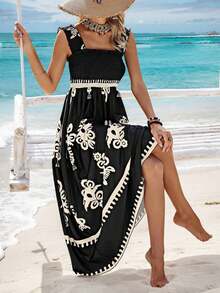 Women's Beach Dress, Holiday Style Printed Strapless Dress - Apricot - View 8