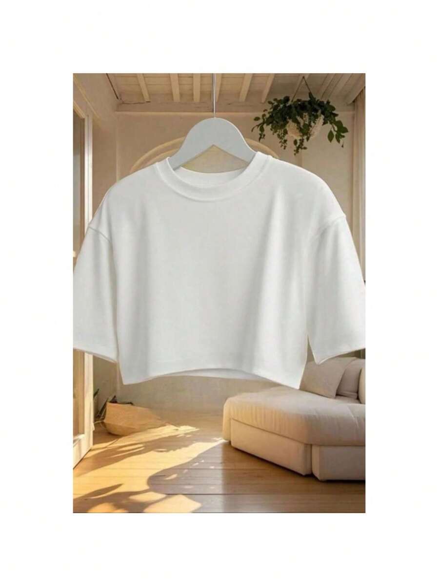 Women's Oversized Cropped Top, Plain, Basic, Stylish, Versatile, Various Colors, 100% Cotton - 白色 - 查看 1