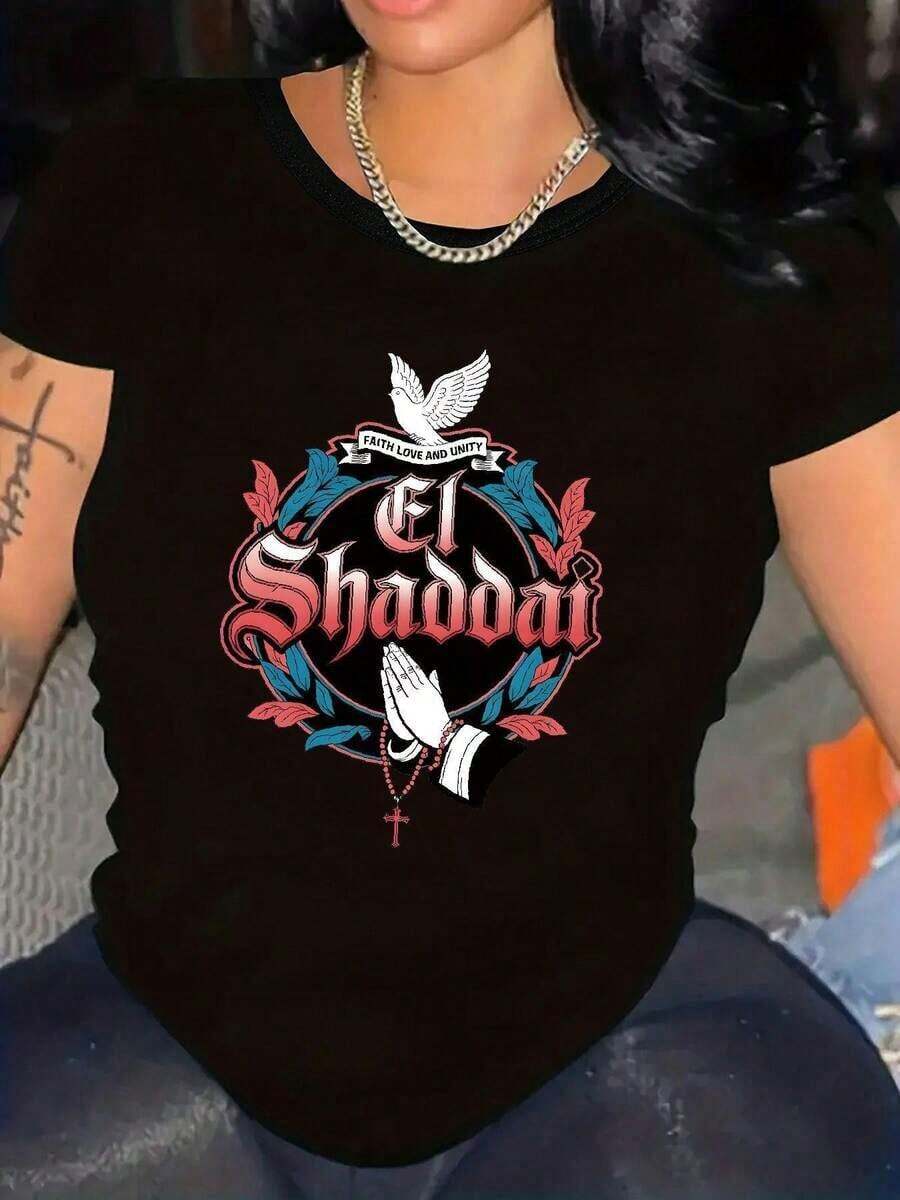 Modern Minimalist Women's T-Shirt With "El Shaddai" Graphic Design - Floral And Angel Motifs, Short Sleeves, Crew Neck, Comfortable Fit For Spring/Summer, Perfect Gift For Women, Casual Tee. | Floral Print Top | Embossed Details, Women's T-Shirts - 黑色 - 查看 1