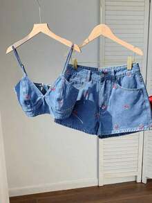 Conjunto de camiseta de tirantes con bordado de cerezas y shorts vaqueros informales para mujer, de verano - Lavado ligero - Ver 3