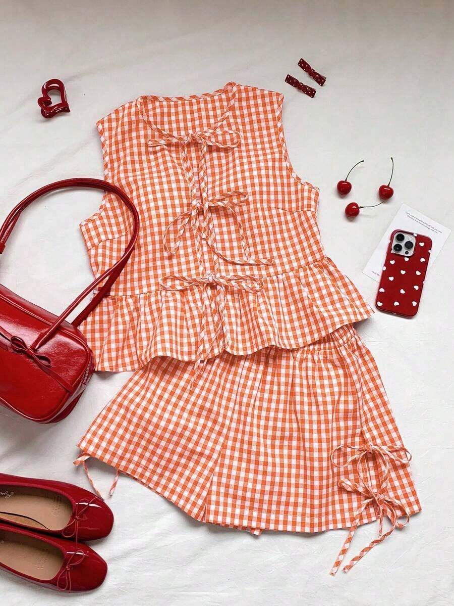 Set de 2 piezas de ropa de mujer con top tipo camiseta con cordones y shorts a cuadros, ideal para el Día de San Valentín - Naranja Quemada - Ver 1