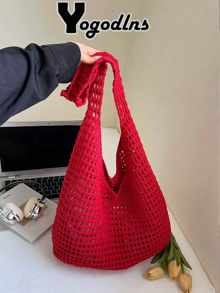 Yogodlns 女士美观钩编针织沙滩手提包,多功能单肩包,手工编织休闲手提包,大容量夏季沙滩斜挎包 - 紅色 - 查看 1