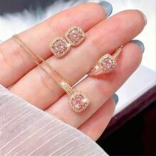 Bộ trang sức đá Cubic Zirconia 4 món sang trọng | Dây chuyền, bông tai và nhẫn cao cấp dành cho nữ | Món quà hoàn hảo cho trang phục hàng ngày! Phụ kiện ngày Valentine - Nhiều màu - Xem 8