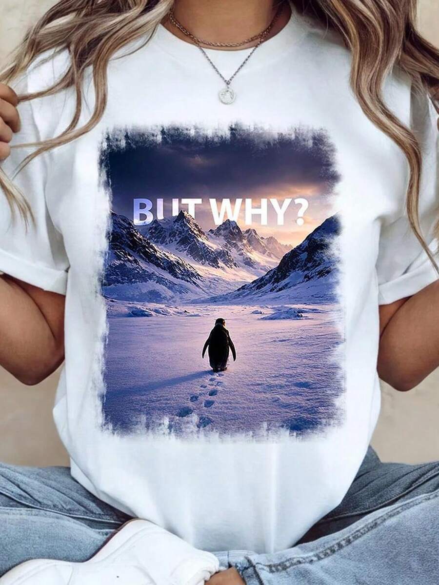 Camiseta unisex But Why Penguin, camiseta Nihilist Penguin, camiseta con el meme But Why Penguin. Camiseta unisex de algodón puro de 220 g. Peso ideal para todas las estaciones, apta para hombres y mujeres. Tejido duradero de alta calidad, suave al tacto y de larga duración. Parte superior transpirable. Adecuada para la primavera y el verano de las mujeres, vacaciones, Día de la Madre, Día de la Independencia. - Blanco - Ver 1