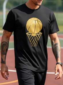 Camiseta con Estampado de Baloncesto para Hombre |   Camiseta de Cuello Redondo con Diseño de Canasta de Baloncesto en Negro y Dorado - Transpirable, Manga Corta, Corte Holgado, Apta para Todas las Temporadas, Lavable a Máquina - Ideal para Deportes, Ropa Casual, Fiestas - Negro - Ver 6