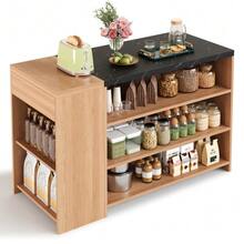Kitchen Island/Bar/Dining Table, 5 Storage Levels And Concealed Drawer, Thick Top, Oak And Black Marble Effect, 140*60*90 Cm - Natural Color - View 8