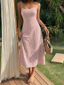 Vestido de playa con tirantes finos y estampado floral ditsy rojo para mujeres - Rosa vieja - Ver 4