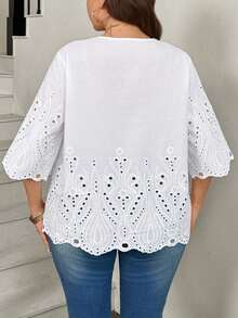 Blusa de verano de talla grande, de unicolor, hueca, bordada, casual, para vacaciones, temporada de bodas, nuevo diseño de playa para mujer - Blanco - Ver 2